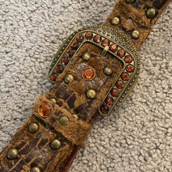 Vintage Accessories - Vintage Brown Crystal Gem Croc Studded Dress Moto Biker Western Belt Y2K sz S/M